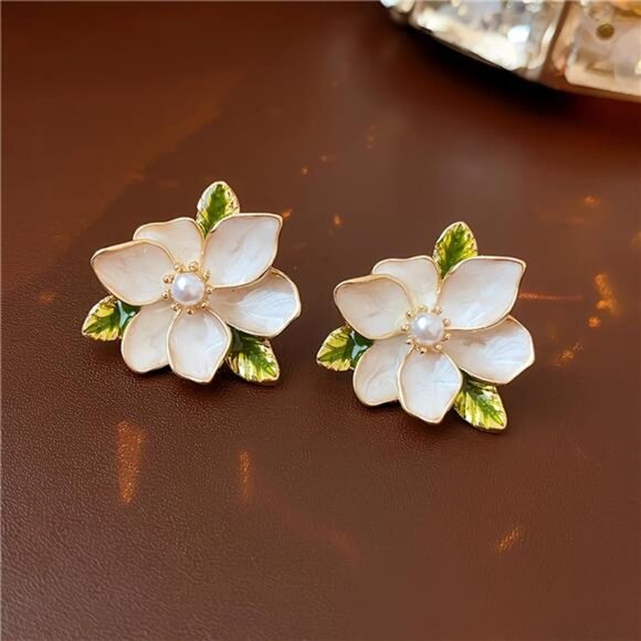 Vintage Flower Earrings | Medieval Style with Pearl Center & Green Leaf Accents - Picture 2 of 3